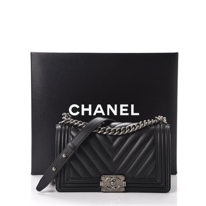 Chanel Calfskin Chevron Quilted Medium Boy Flap Black 8 of 8
