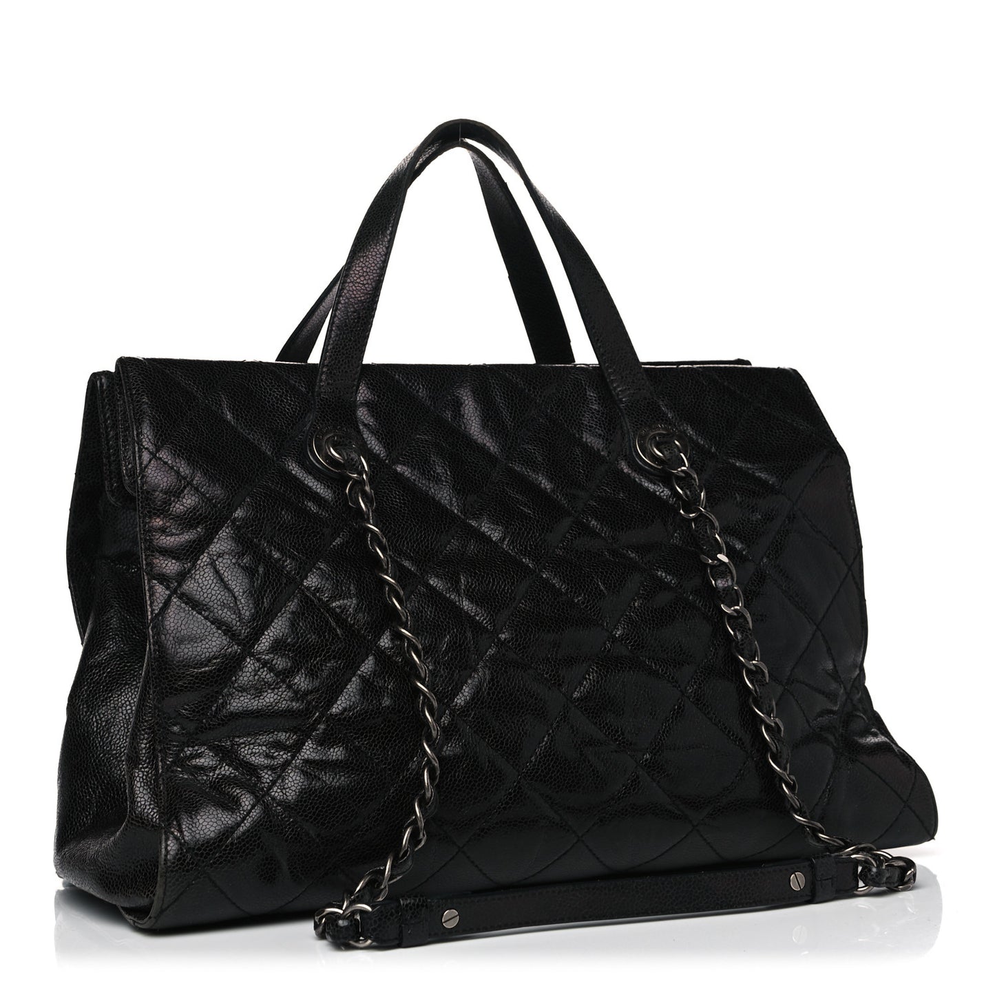 Crumpled Grained Calfskin Quilted CC Crave Tote Black