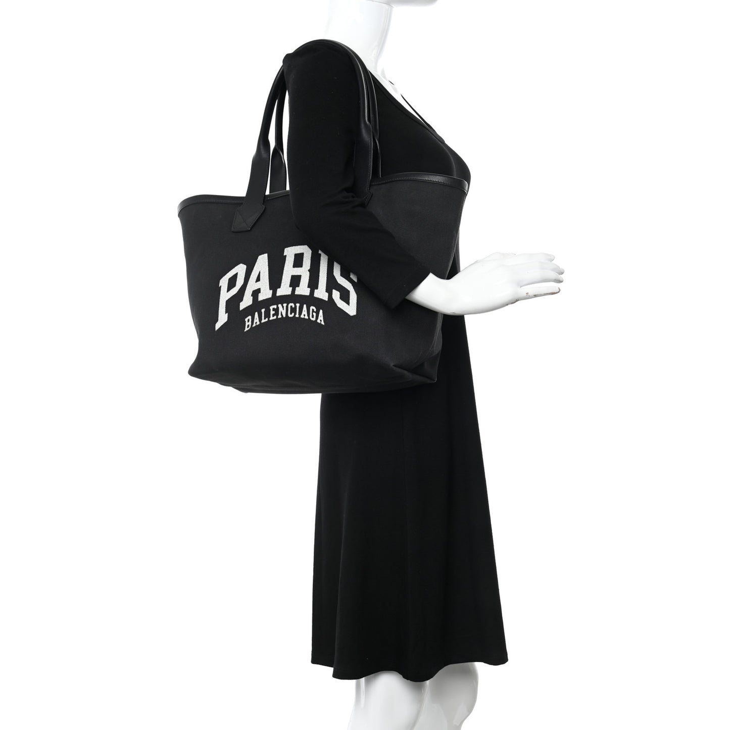 Cotton Canvas Calfskin Cities Paris Jumbo Small Tote Bag Black White