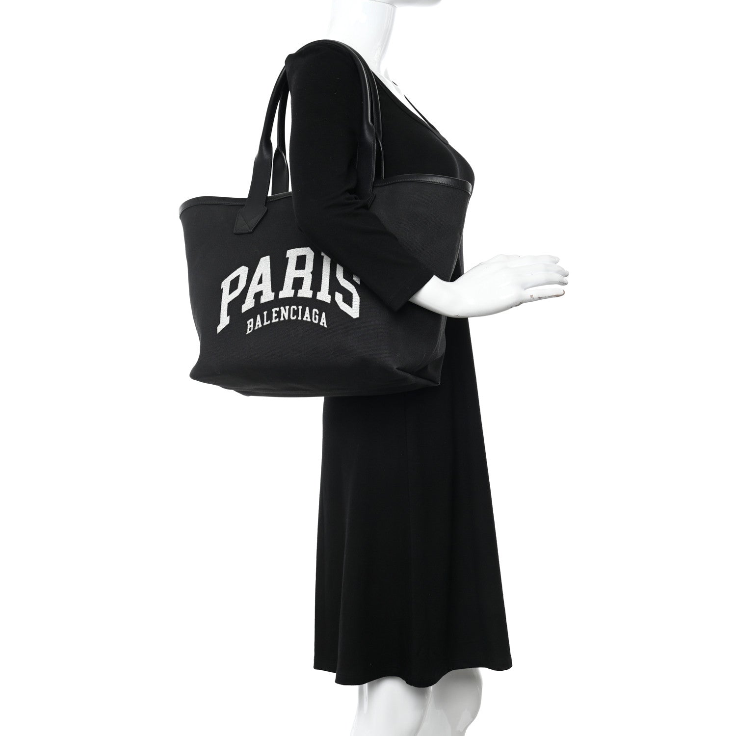 Balenciaga Cotton Canvas Calfskin Cities Paris Jumbo Small Tote Bag Black White 2 of 8