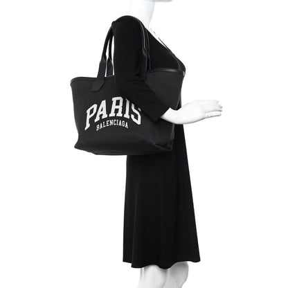 Balenciaga Cotton Canvas Calfskin Cities Paris Jumbo Small Tote Bag Black White 2 of 8