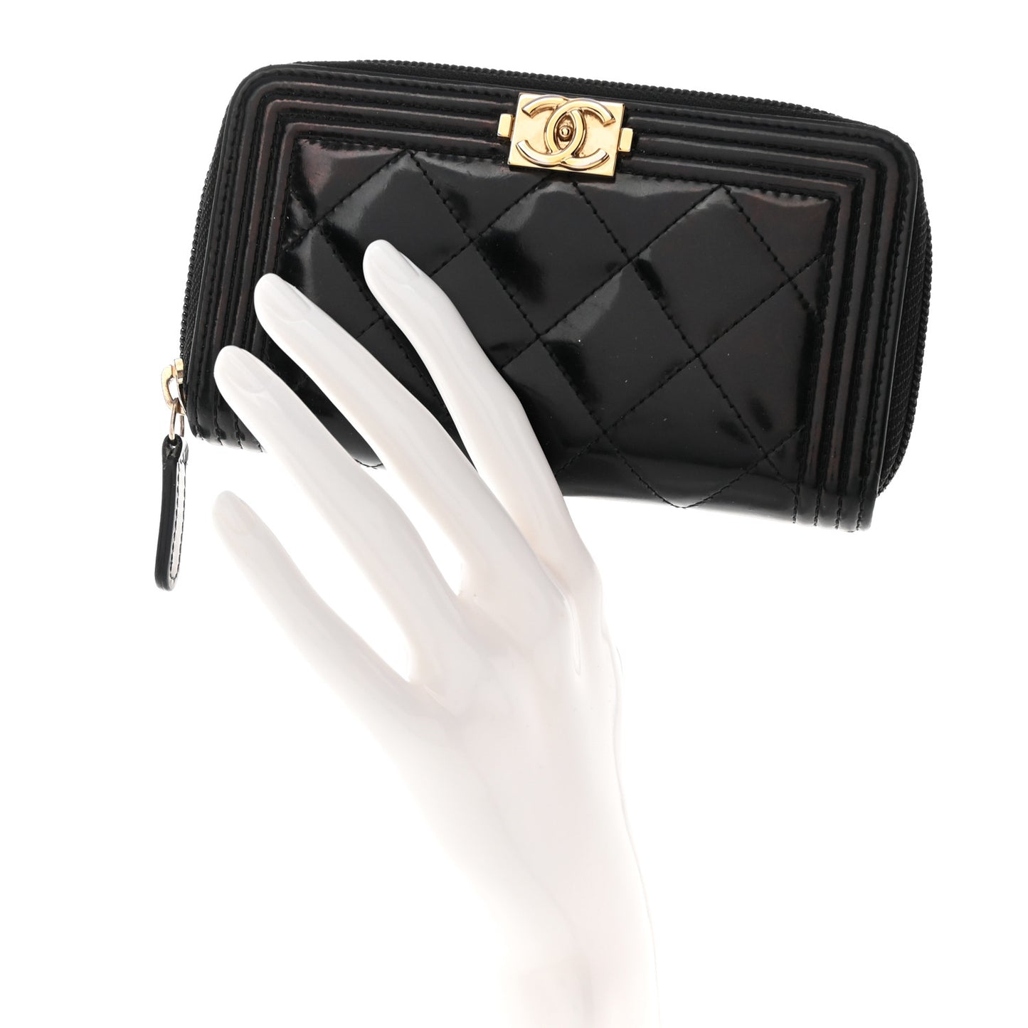 Iridescent Glazed Calfskin Quilted Small Boy Zip Around Wallet Black