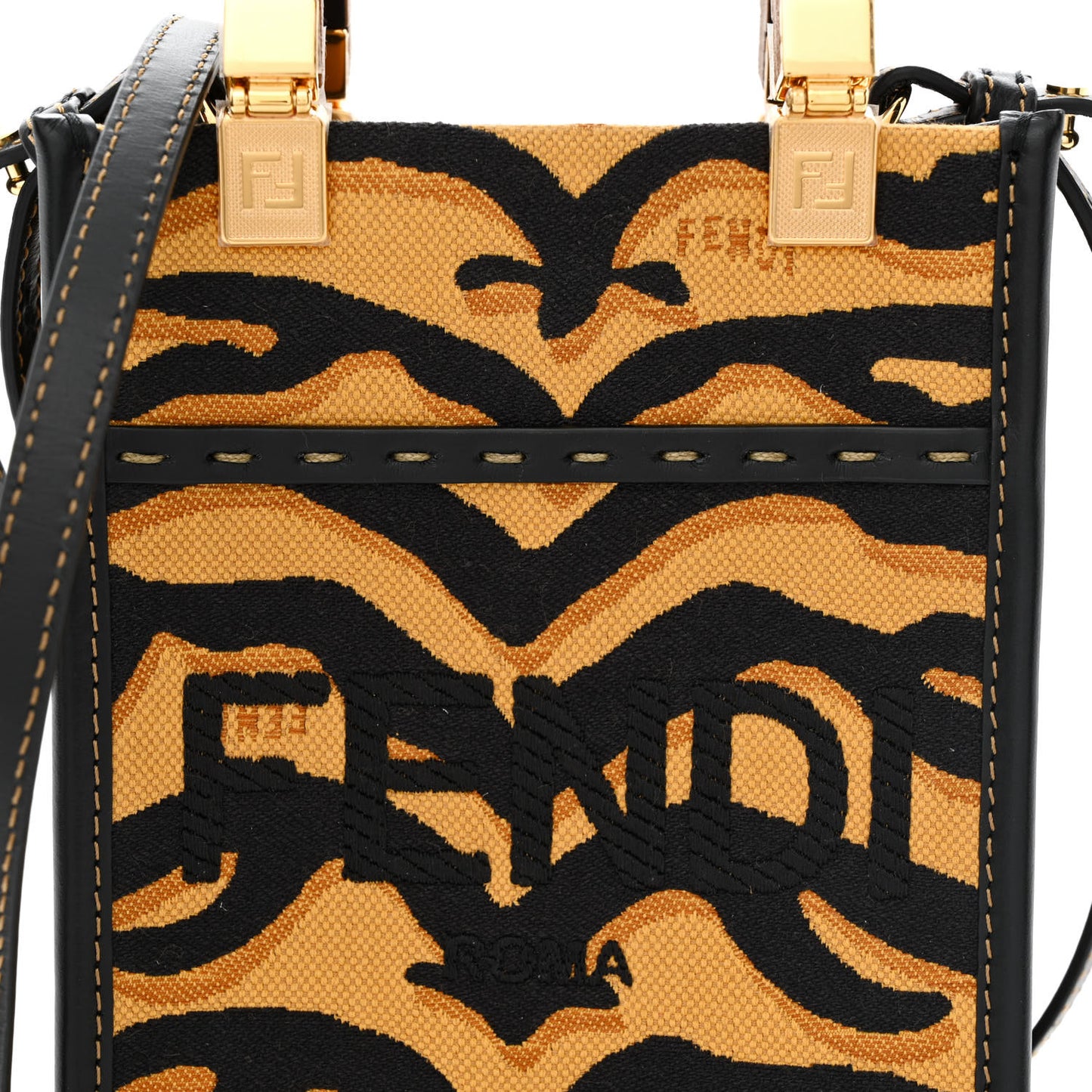 Canvas Vitello King Chinese New Year Tiger Embroidered Fendi Sunshine Shopper Tote Black Dark Yellow