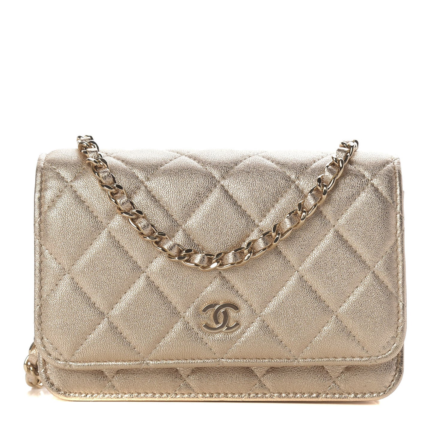 Metallic Lambskin Quilted Mini Wallet On Chain WOC Gold