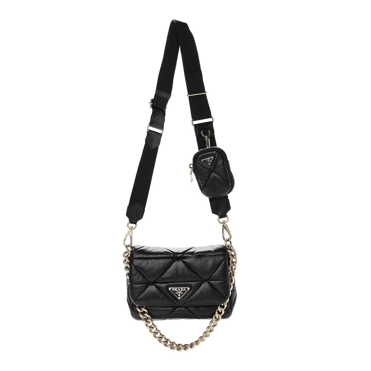 Nappa Re-Nylon Triangle Quilted Patchwork System Flap Shoulder Bag Black