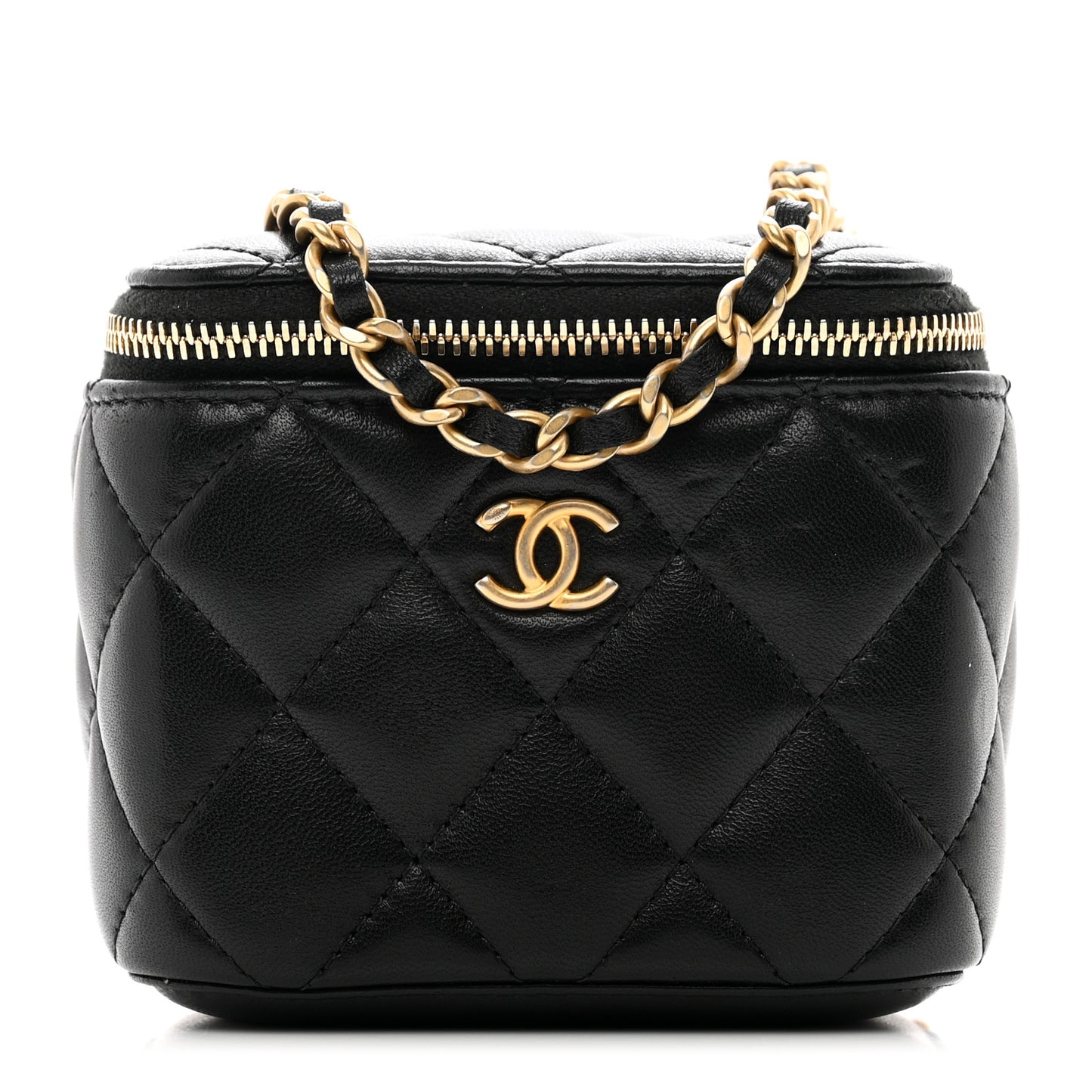 Lambskin Quilted Mini Pearl Crush Vanity Case With Chain Black