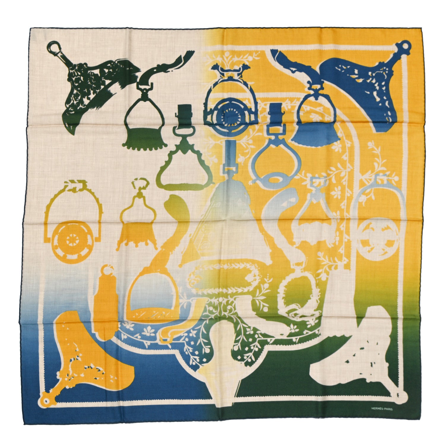 Hermes Cashmere Silk Etrier Chromatique Scarf 100 Bleu Jaune Vert 1 of 6