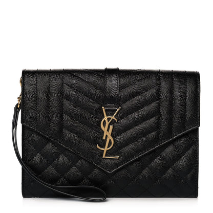 Saint Laurent Grain De Poudre Textured Mixed Matelasse Triquilt Monogram Clutch Black 1 of 12