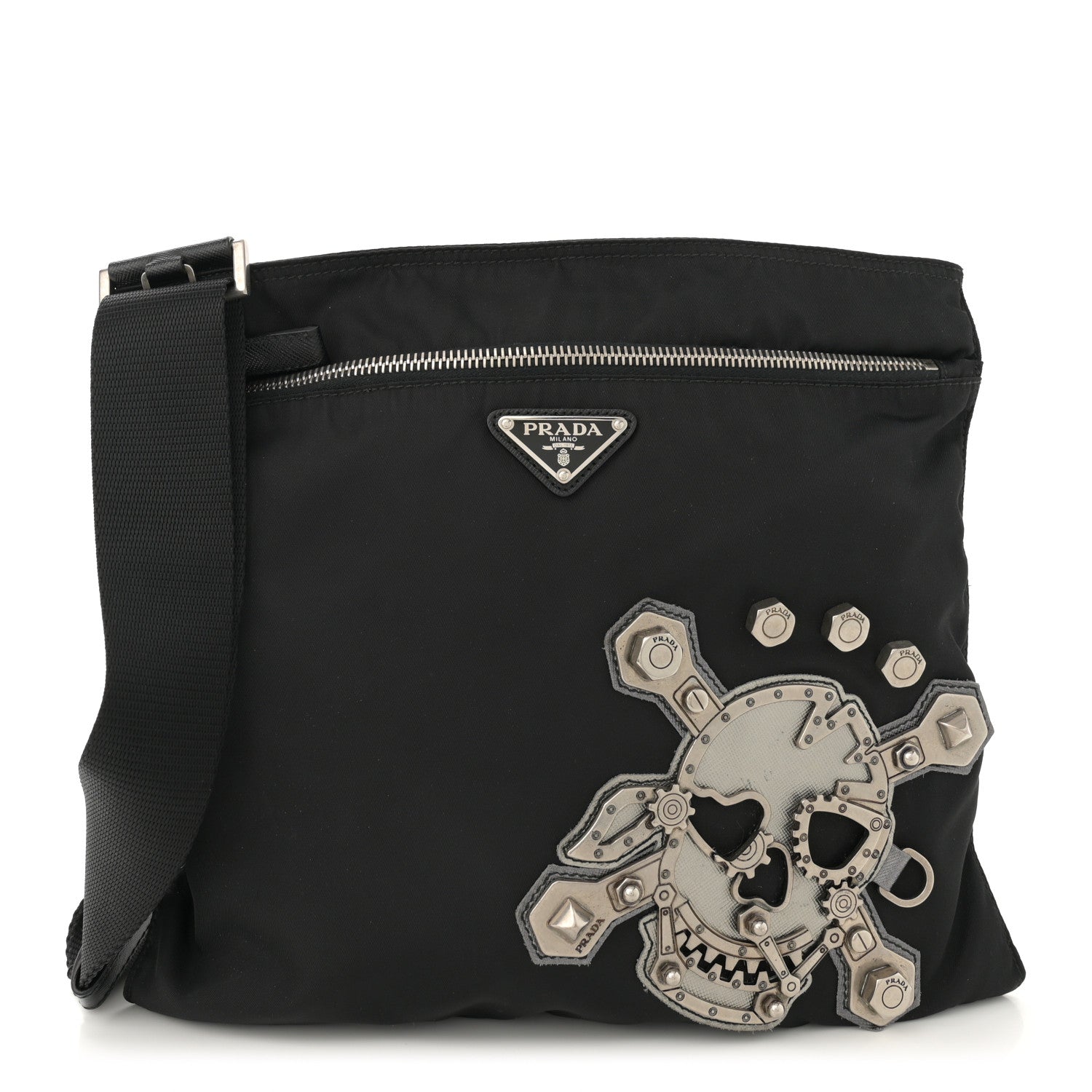 Prada Tessuto Nylon Saffiano Skull Flat Messenger Bag Black 1 of 11