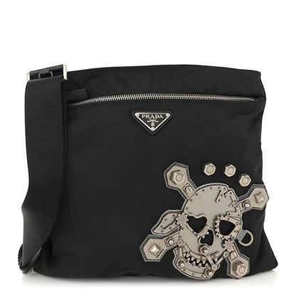 Prada Tessuto Nylon Saffiano Skull Flat Messenger Bag Black 1 of 11