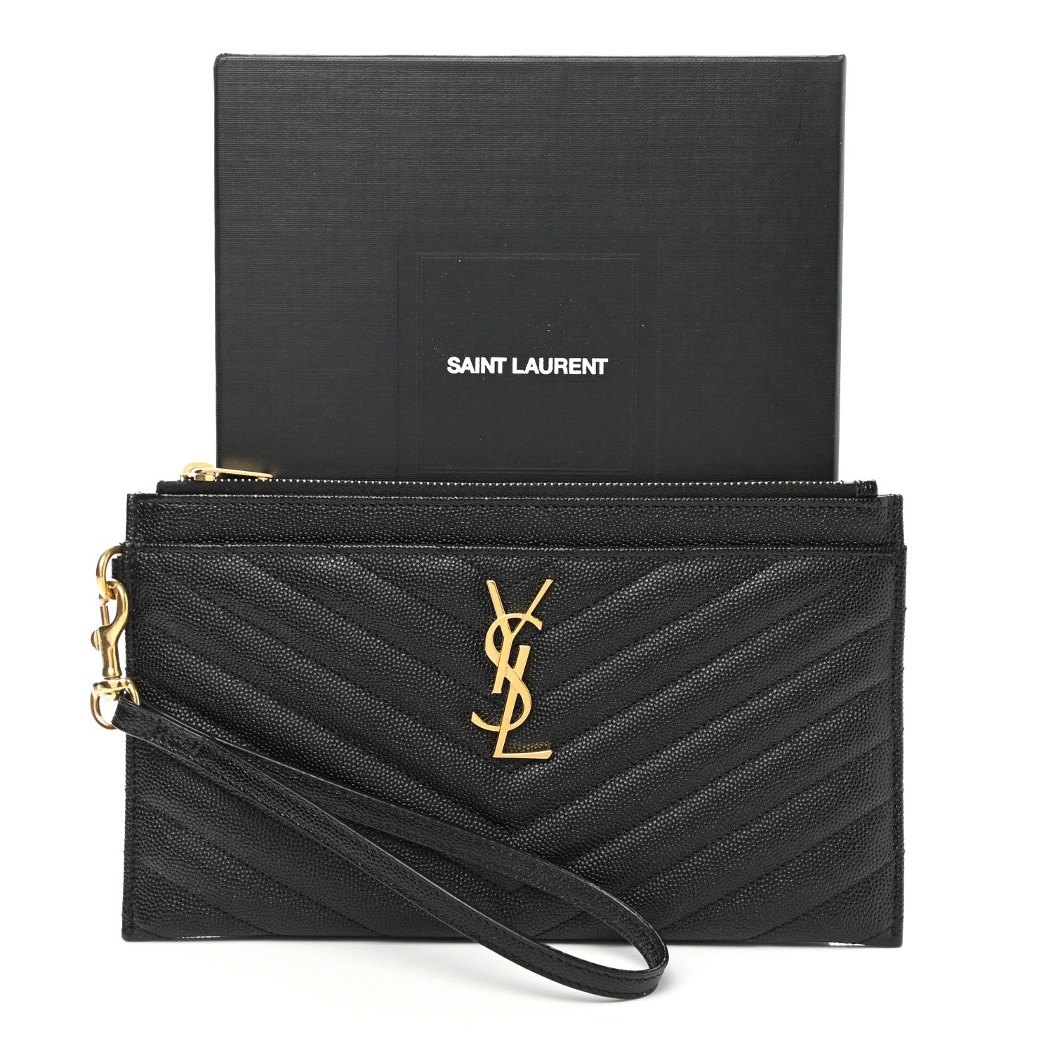 Saint Laurent Grain De Poudre Chevron Monogram Large Bill Pouch Black 8 of 8