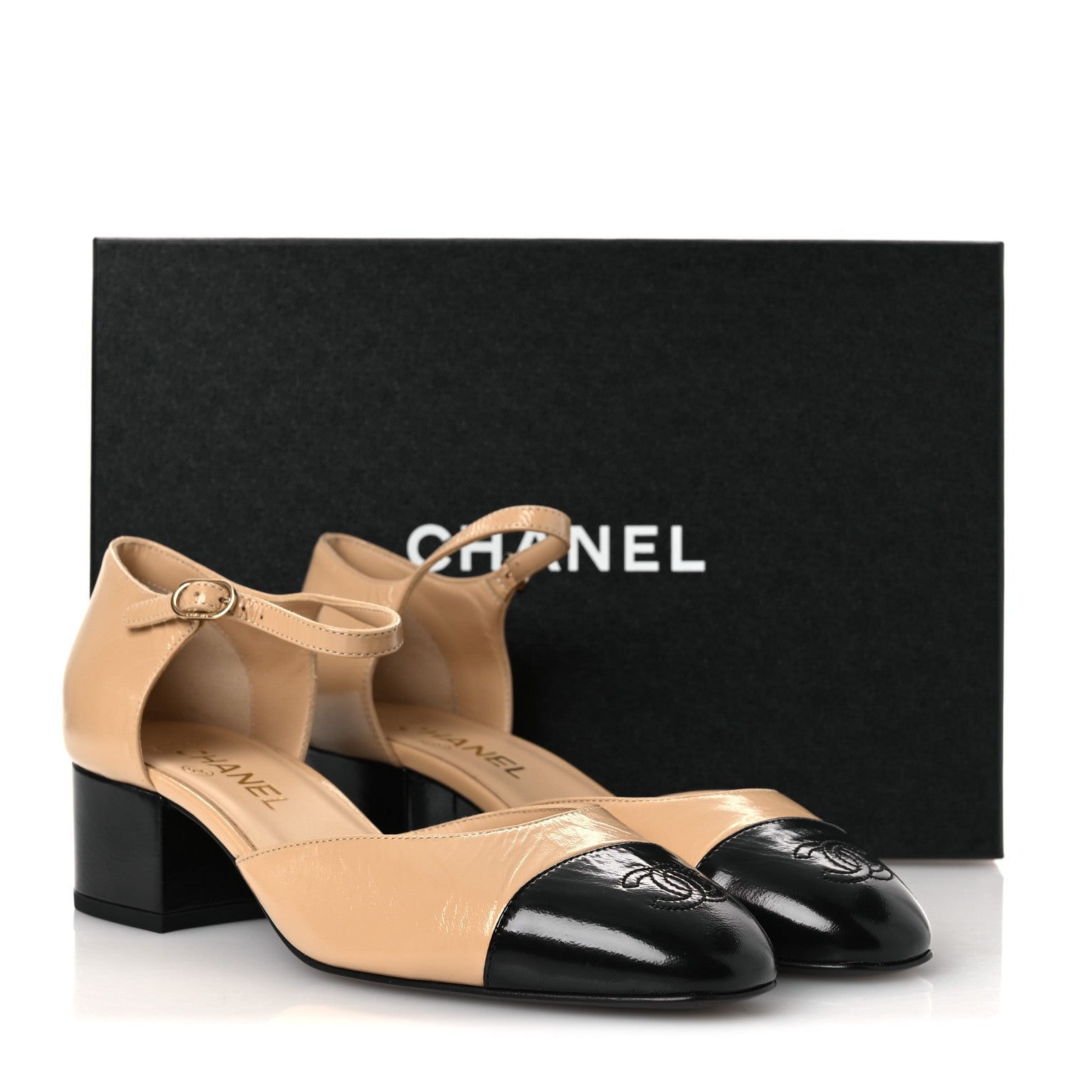 Chanel Shiny Lambskin CC Cap Toe Mary Janes Pumps 39.5 Beige Black 11 of 11