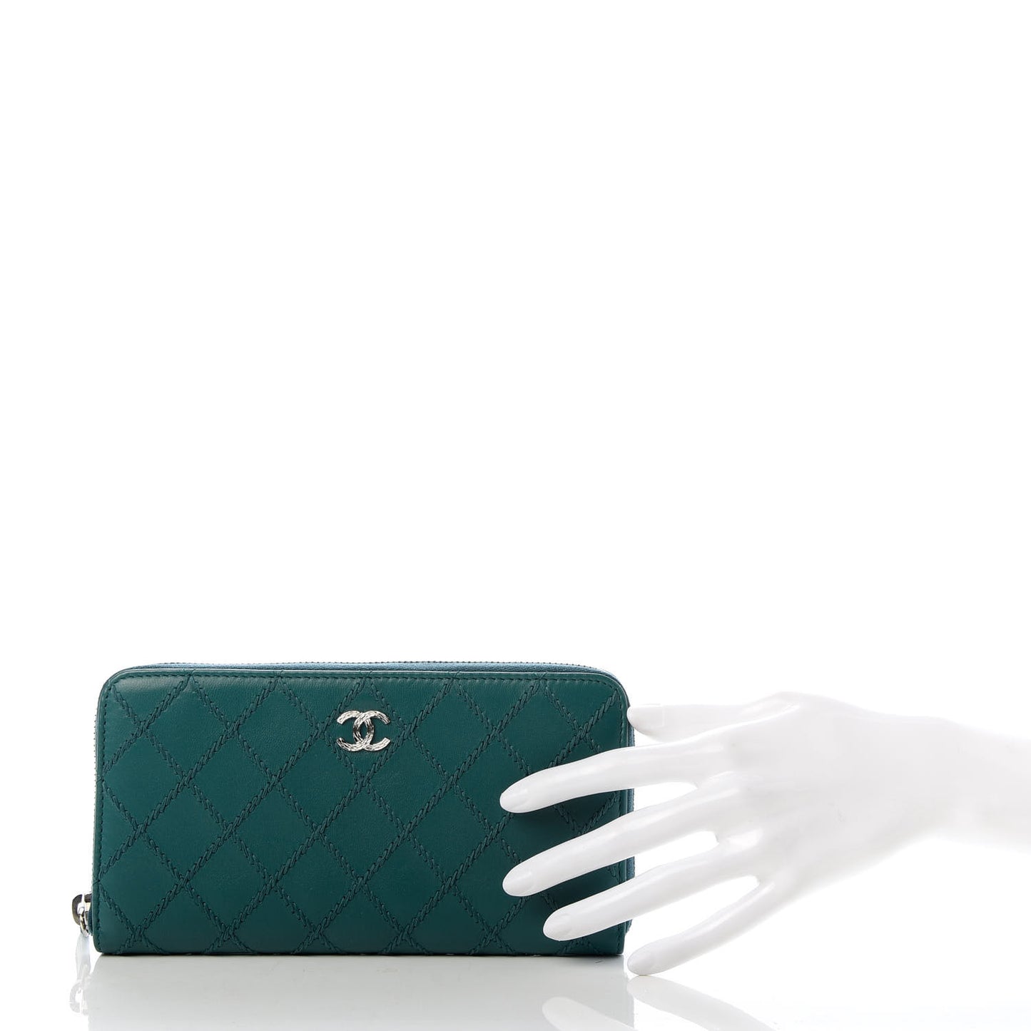 Lambskin Diamond Stitched Large Zip Around Wallet Dark Green
