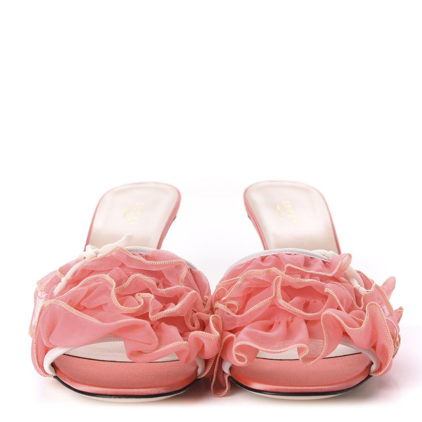 Tulle Ruffle Low Heel Slide Sandals 40 Peach White