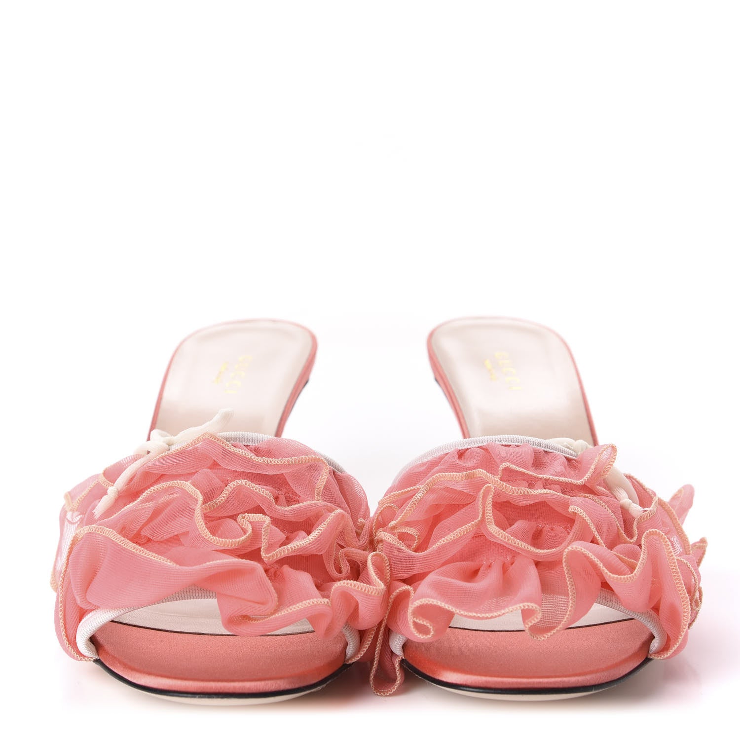 Gucci Tulle Ruffle Low Heel Slide Sandals 40 Peach White 2 of 12