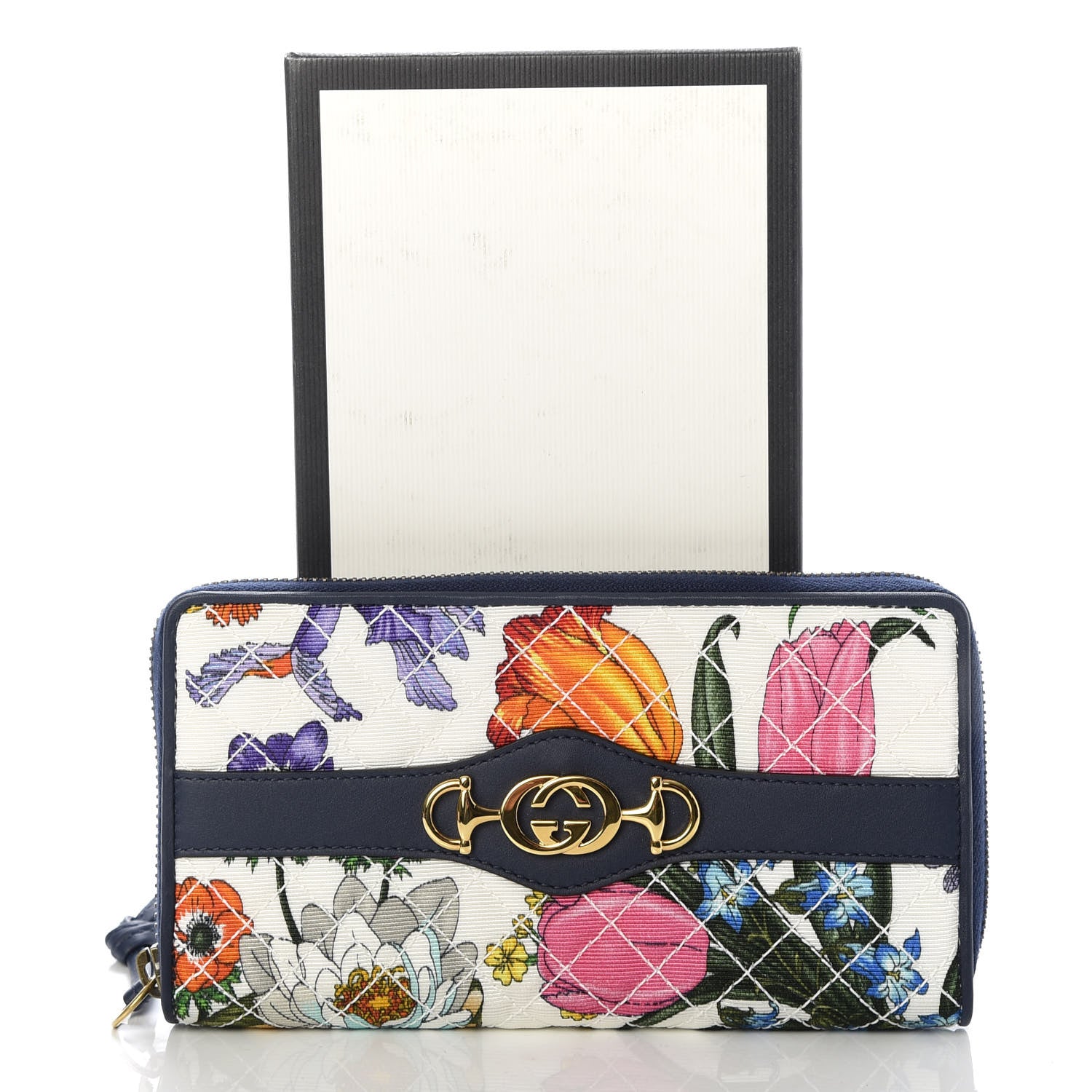 Gucci Canvas Flora Floral Trapuntata Zumi Zip Around Wallet Great White Multicolor Blue Agata 7 of 7