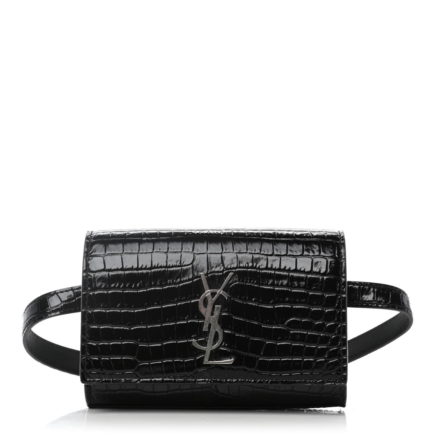 Saint Laurent Calfskin Crocodile Embossed Monogram Kate Belt Bag Black 1 of 9