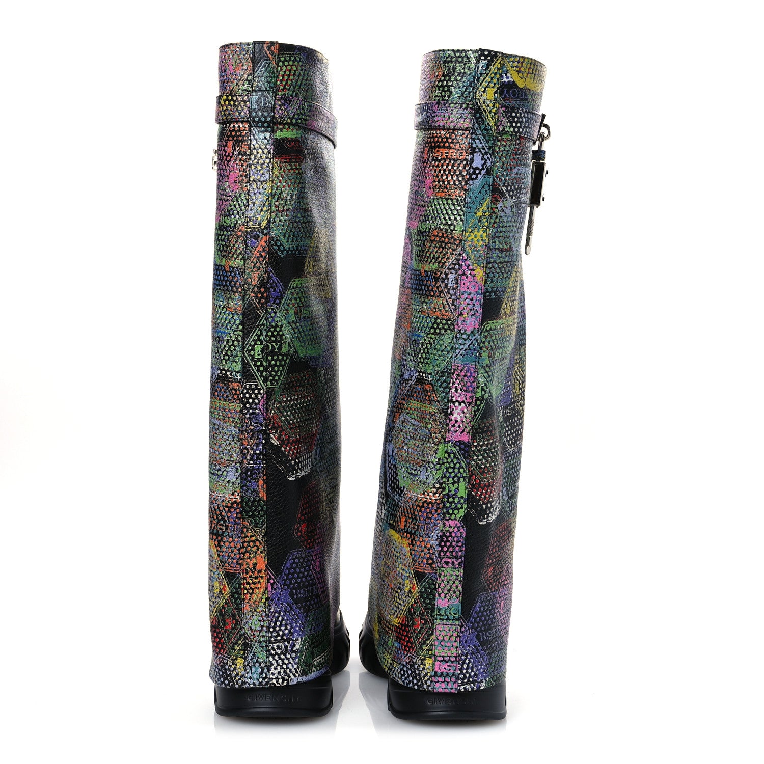 Givenchy Grained Calfskin Printed Shark Lock Biker Knee Boots 40 Black Multicolor 6 of 11