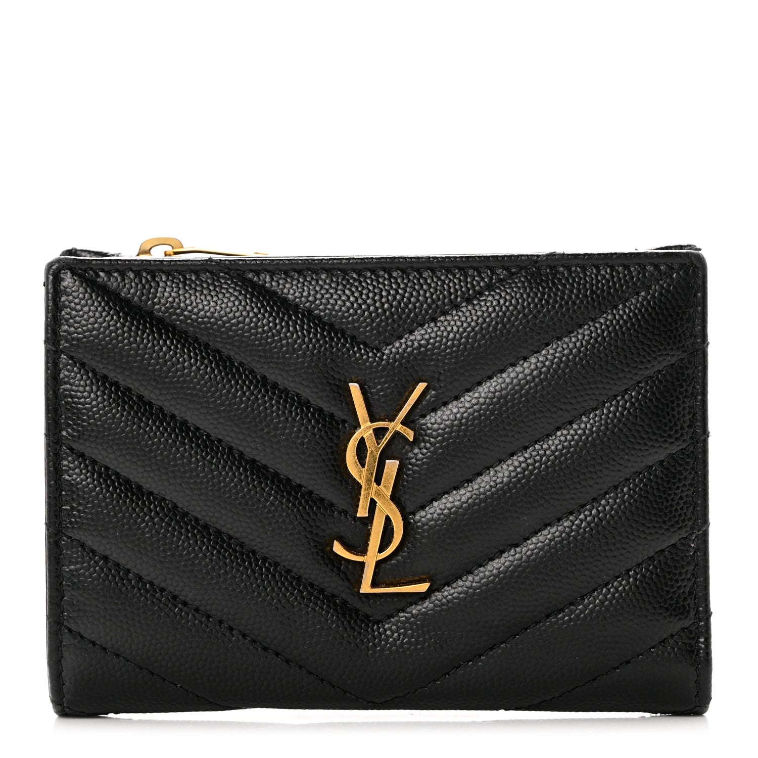 Saint Laurent Grain De Poudre Matelasse Chevron Monogram Zipped Two-Part Wallet Black 1 of 9