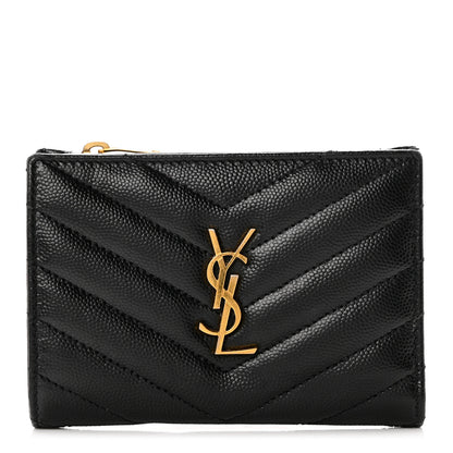 Saint Laurent Grain De Poudre Matelasse Chevron Monogram Zipped Two-Part Wallet Black 1 of 9