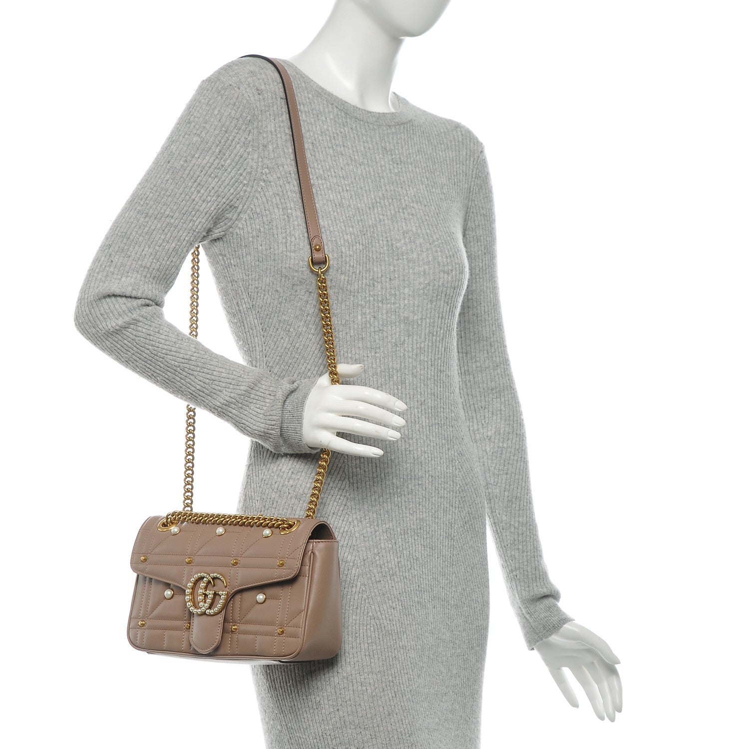 Gucci Calfskin Matelasse Studded Mini Pearly GG Marmont Shoulder Bag Porcelain Rose 2 of 7