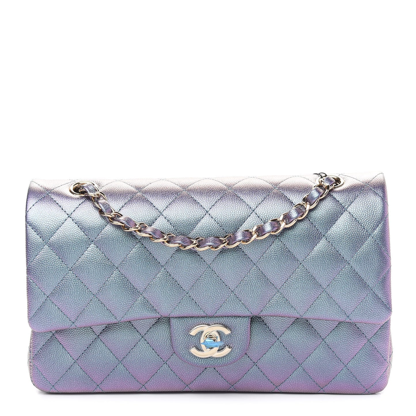 Iridescent Caviar Quilted Medium Double Flap Dark Blue