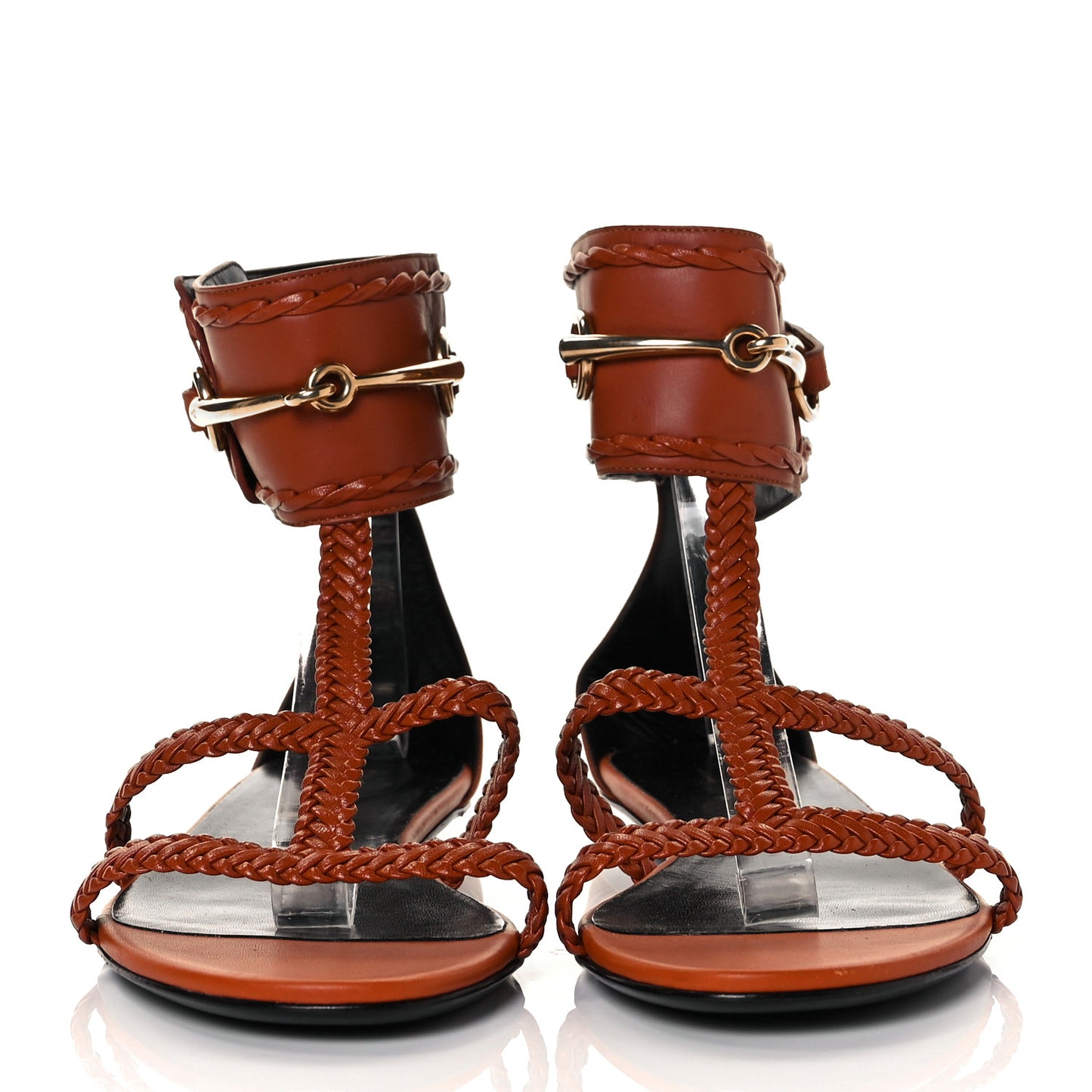 Calfskin Braided Horsebit Sandals 39.5 Cognac