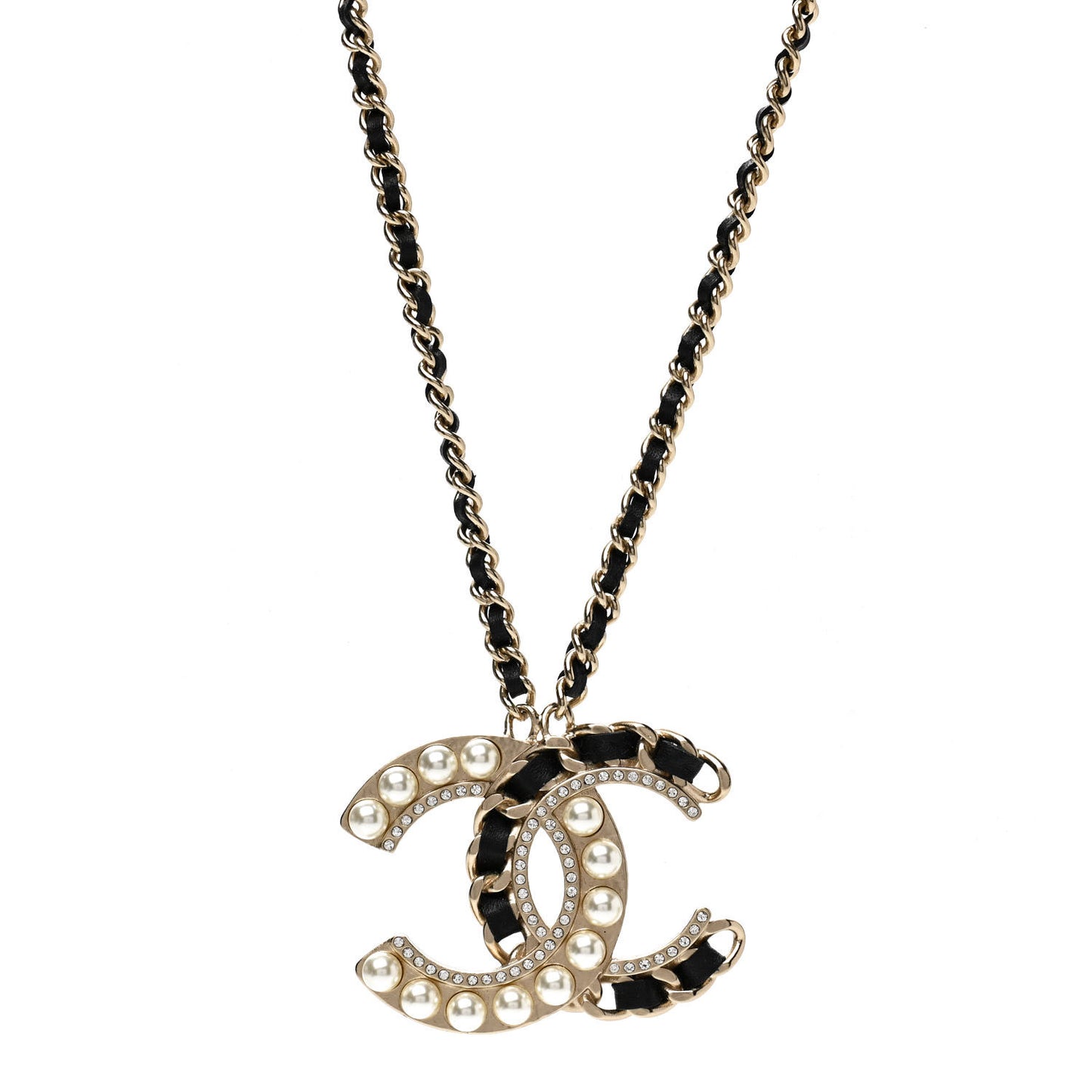 Pearl Crystal Lambskin Chain CC Necklace Black Gold