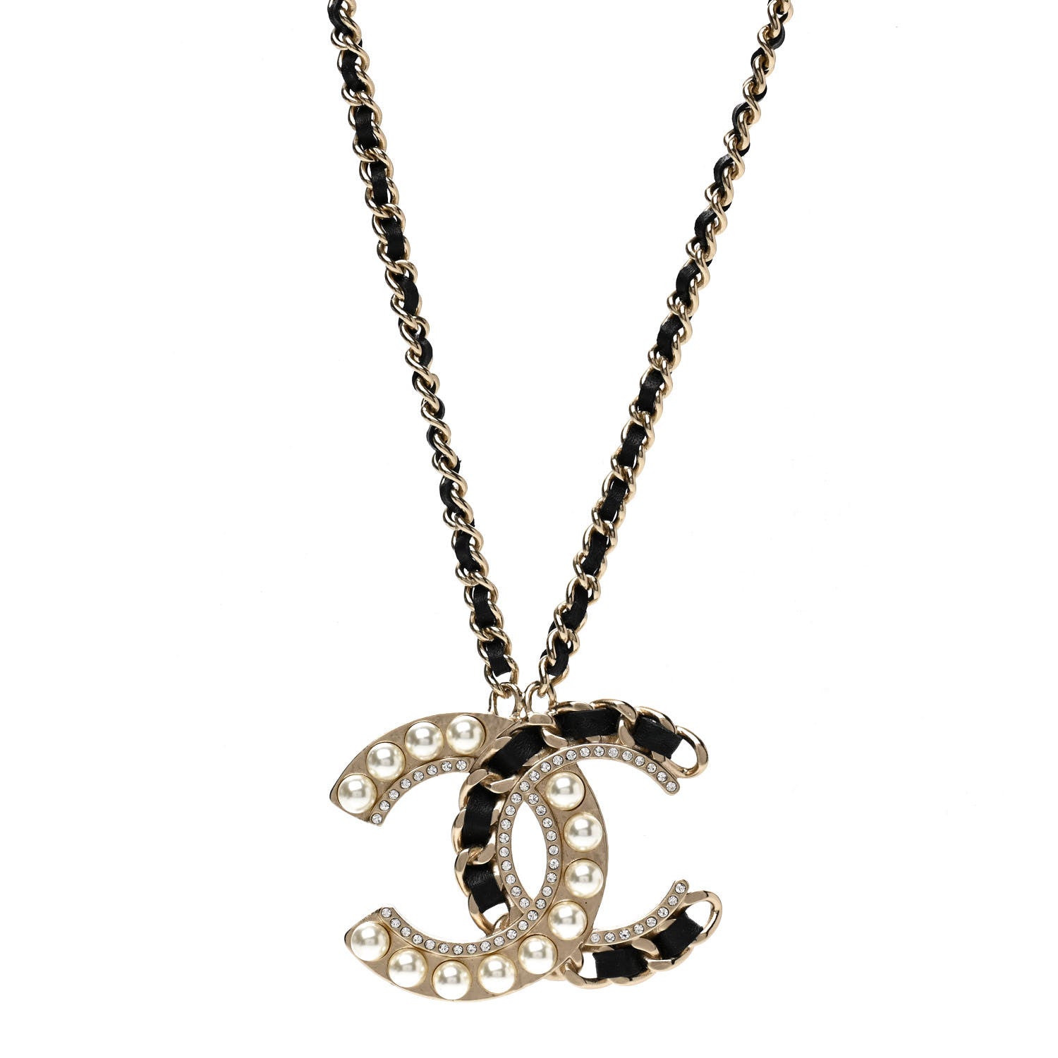 Chanel Pearl Crystal Lambskin Chain CC Necklace Black Gold 1 of 5