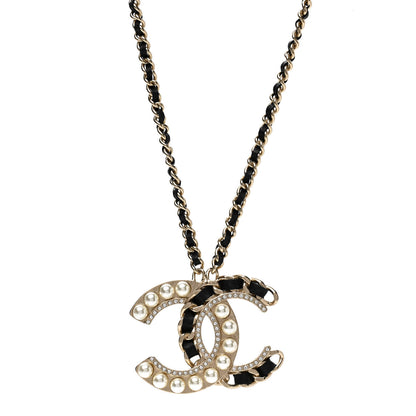 Chanel Pearl Crystal Lambskin Chain CC Short Necklace Black Gold 1 of 5