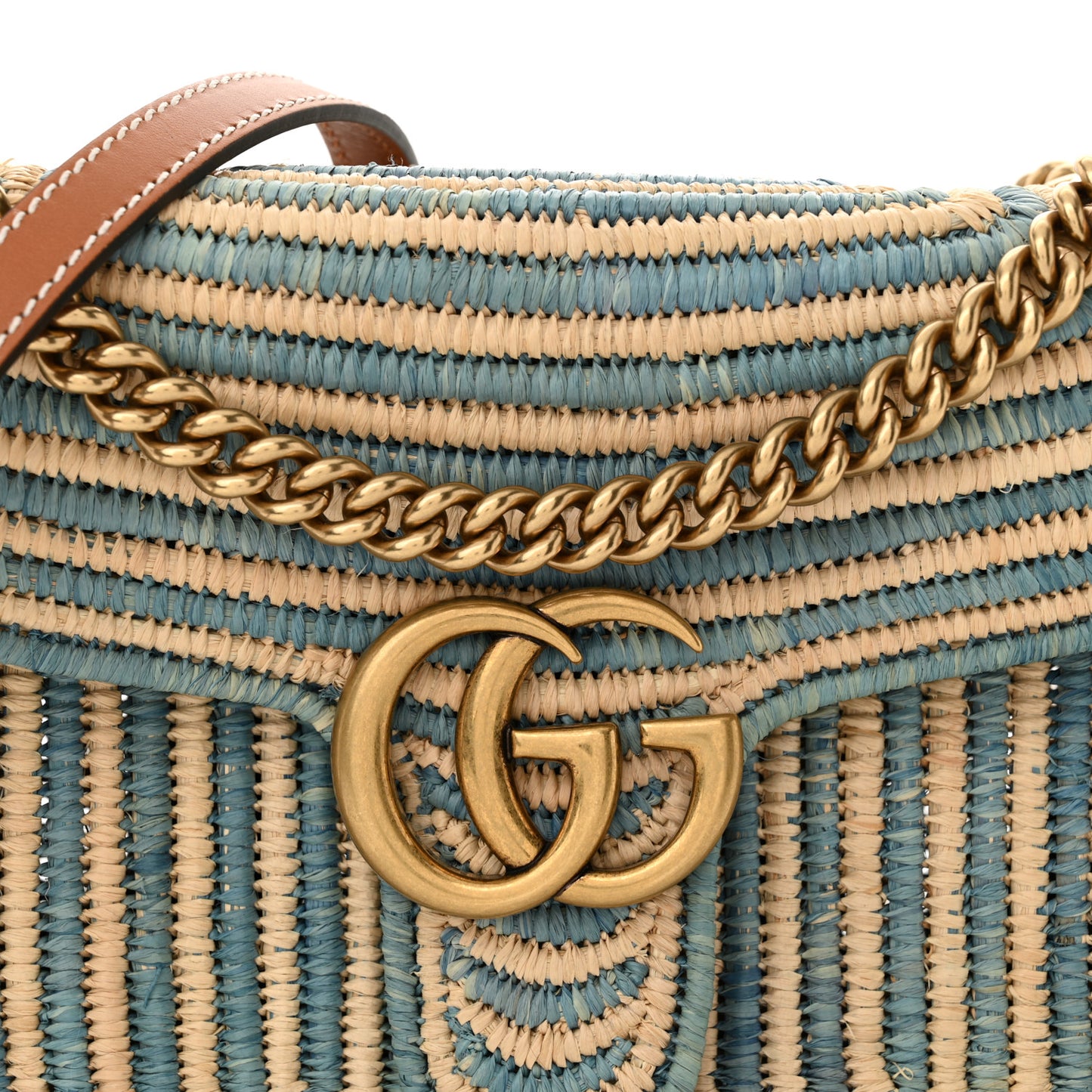 Raffia Woven Small GG Marmont Shoulder Bag Natural Light Blue
