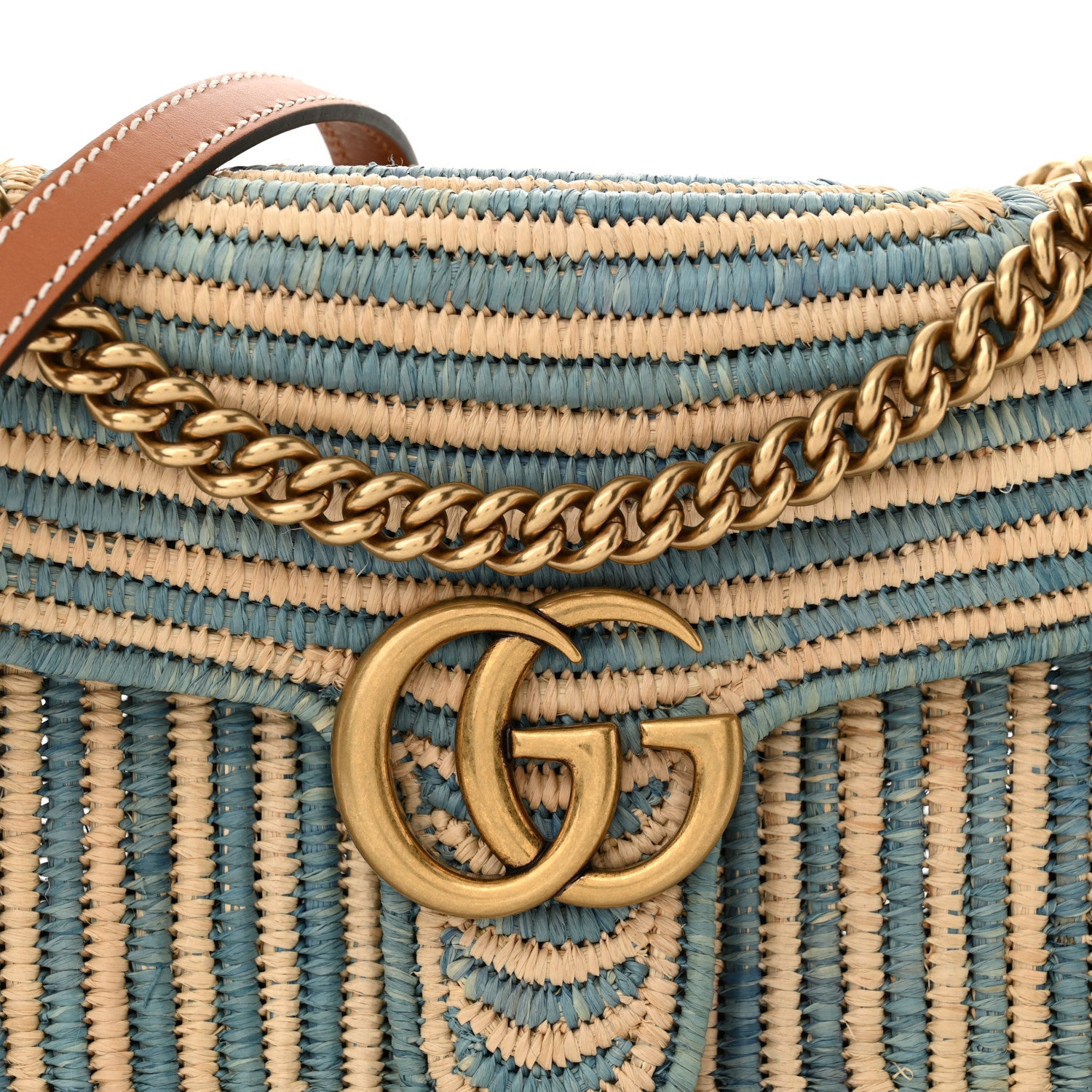 Gucci Raffia Woven Small GG Marmont Shoulder Bag Natural Light Blue 8 of 11