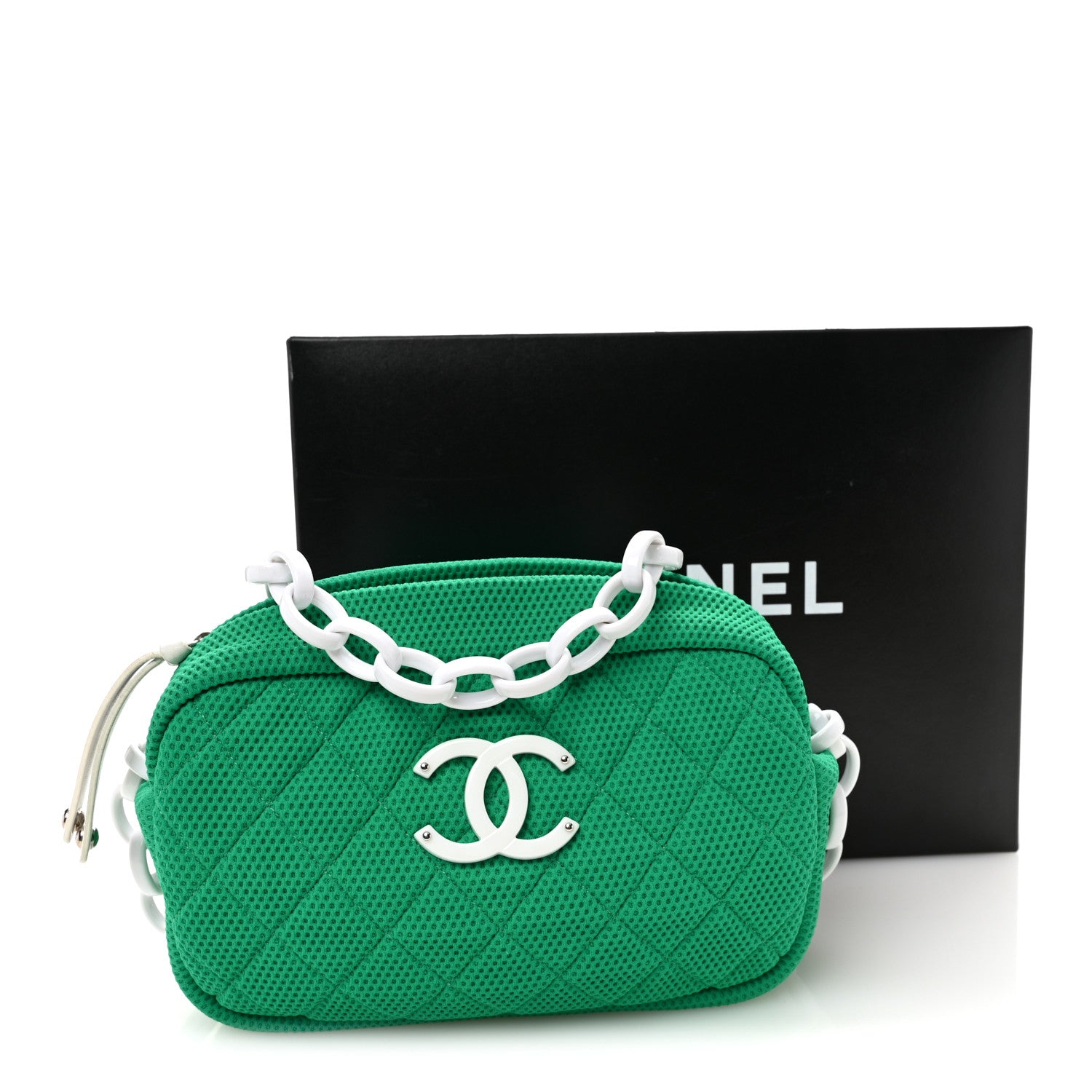 Chanel Mesh Fabric Quilted Camera Bag Green White 1874356