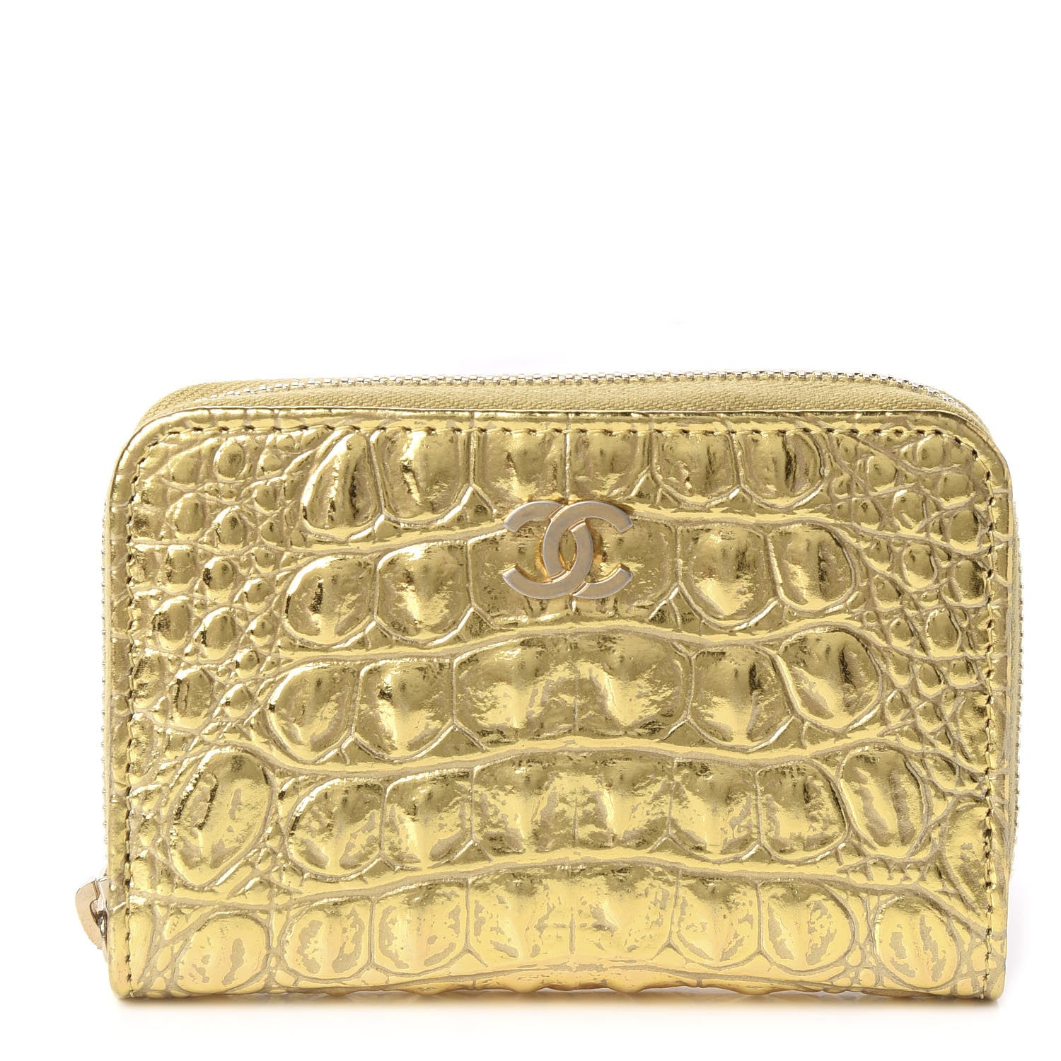 Chanel Metallic Calfskin Crocodile Embossed Cocodile Zip Coin Case Gold 1 of 10
