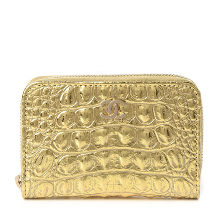 Chanel Metallic Calfskin Crocodile Embossed Cocodile Zip Coin Case Gold 1 of 10