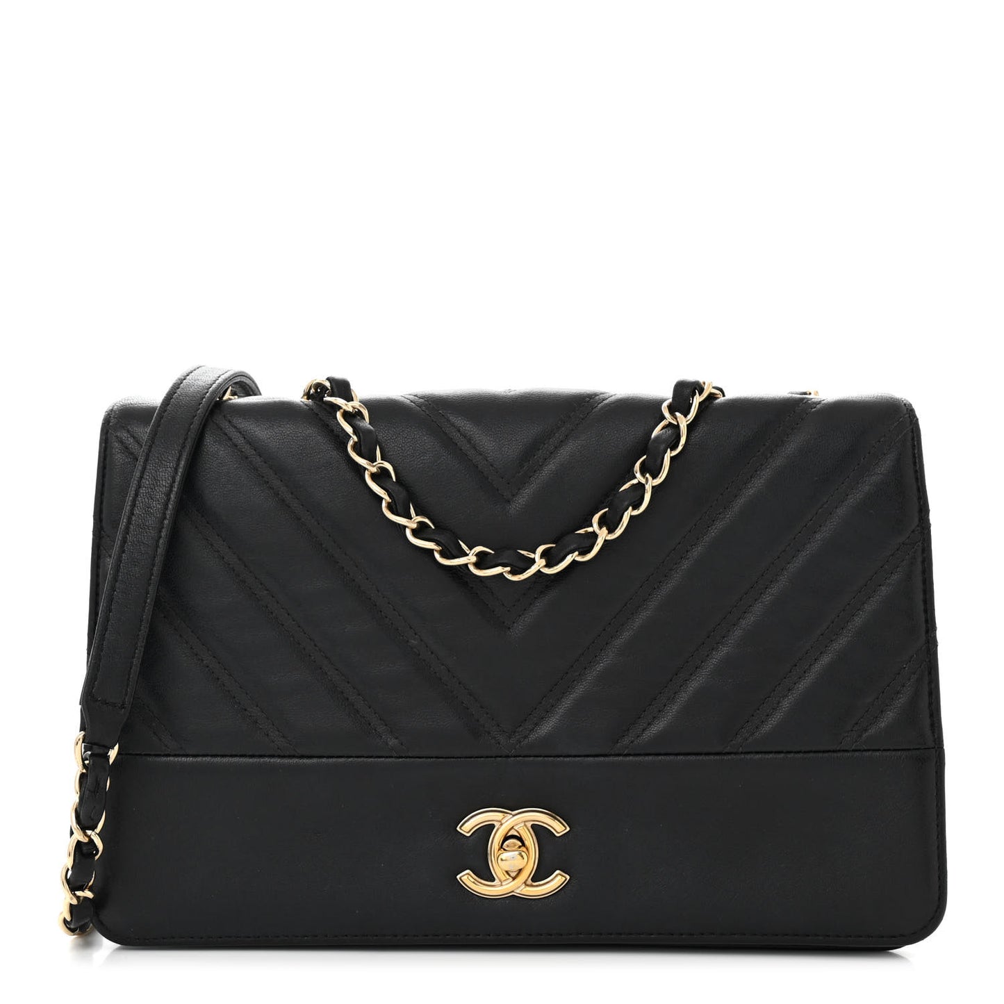 Calfskin Chevron Quilted Flap Black