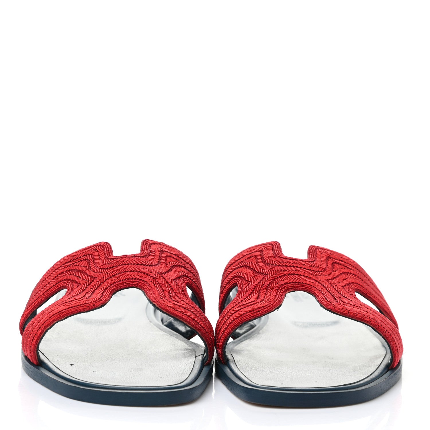 Hermes Fabric Daska Embroidered Chevron Oran Sandals 37 Jasper Rouge 2 of 7