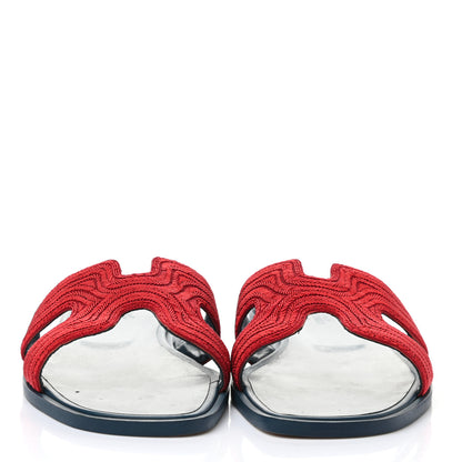 Hermes Fabric Daska Embroidered Chevron Oran Sandals 37 Jasper Rouge 2 of 7
