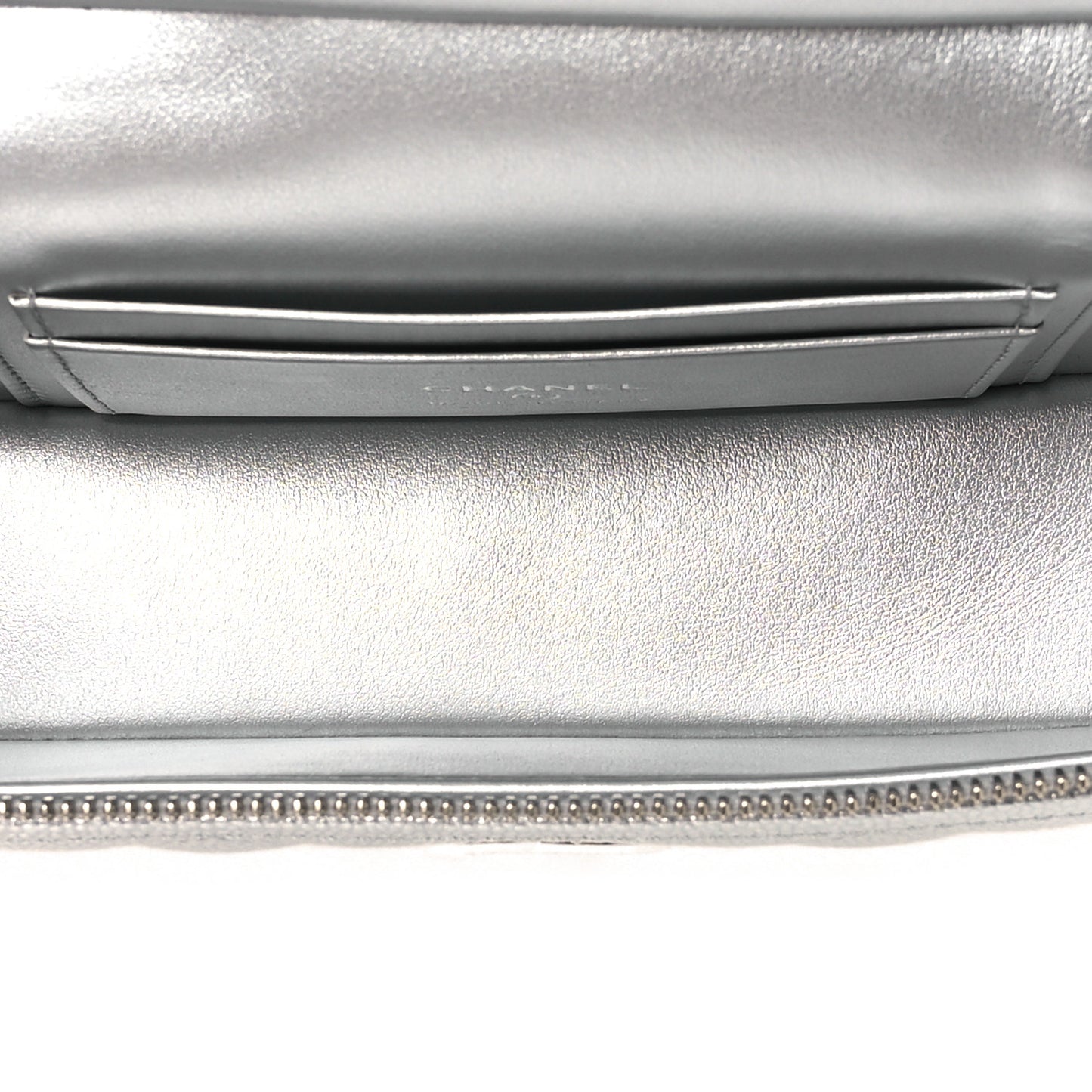 Metallic Caviar Quilted Trendy Handle Slim Vanity Silver