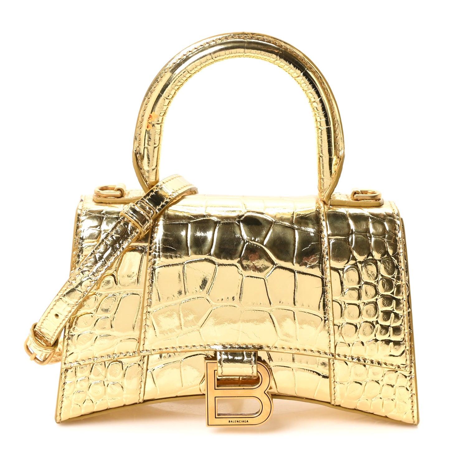 Metallic Calfskin Crocodile Embossed Hourglass Top Handle Bag XS Gold