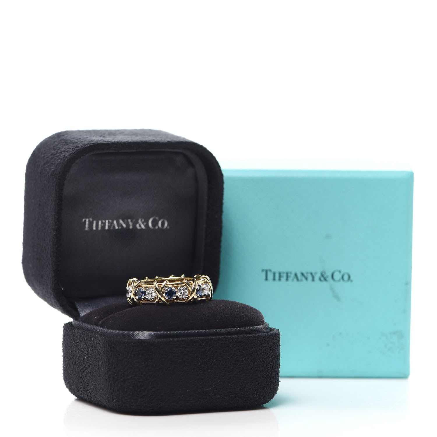 Tiffany 18K Yellow Gold Platinum Diamond Blue Sapphire Schlumberger Sixteen Stone Ring 49 5 5 of 5
