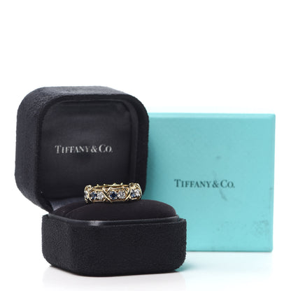 Tiffany 18K Yellow Gold Platinum Diamond Blue Sapphire Schlumberger Sixteen Stone Ring 49 5 5 of 5