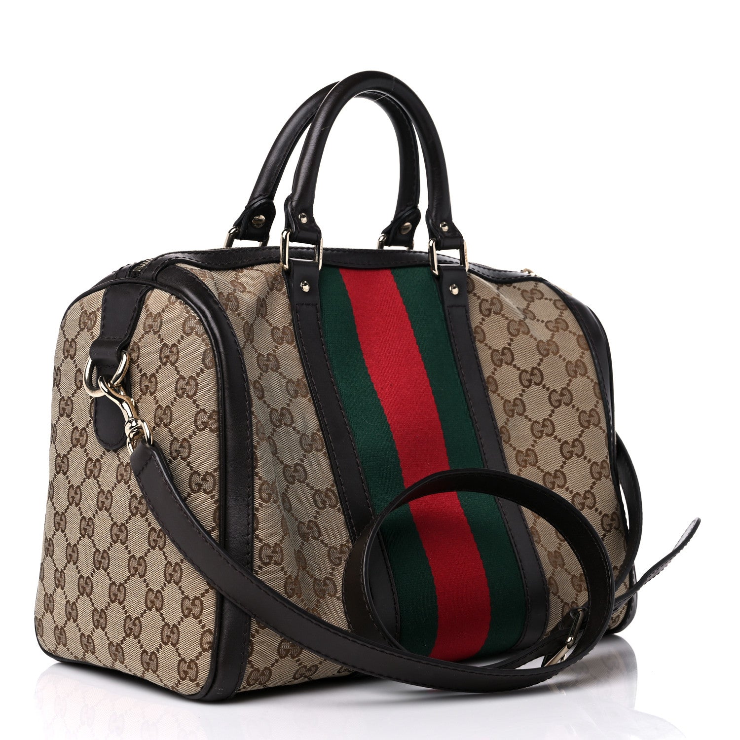Gucci Monogram Selleria Calfskin Vintage Web Medium Boston Beige Ebony Cocoa 3 of 17
