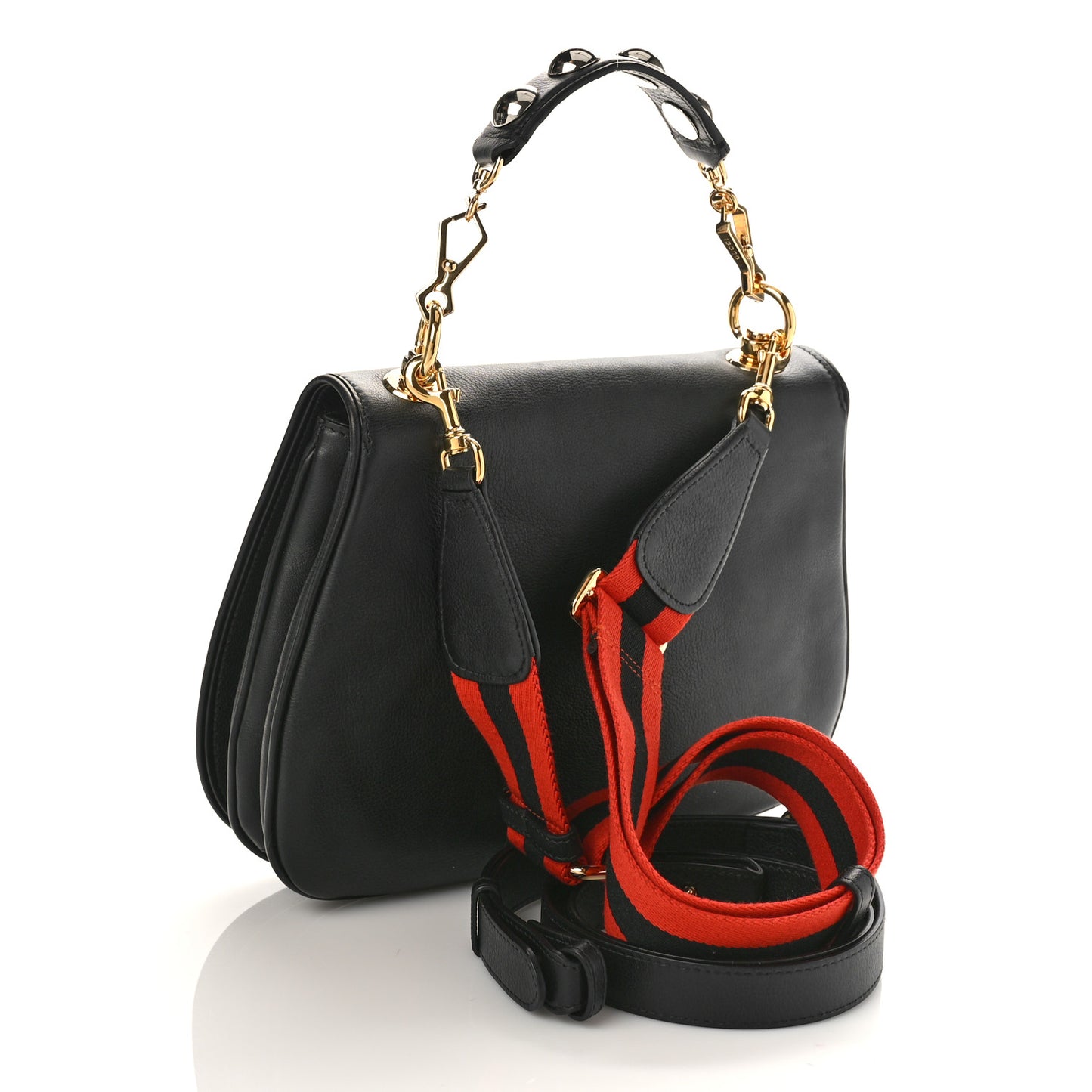 Roxy Calfskin Web Medium Blondie Top Handle Shoulder Flap Bag Black