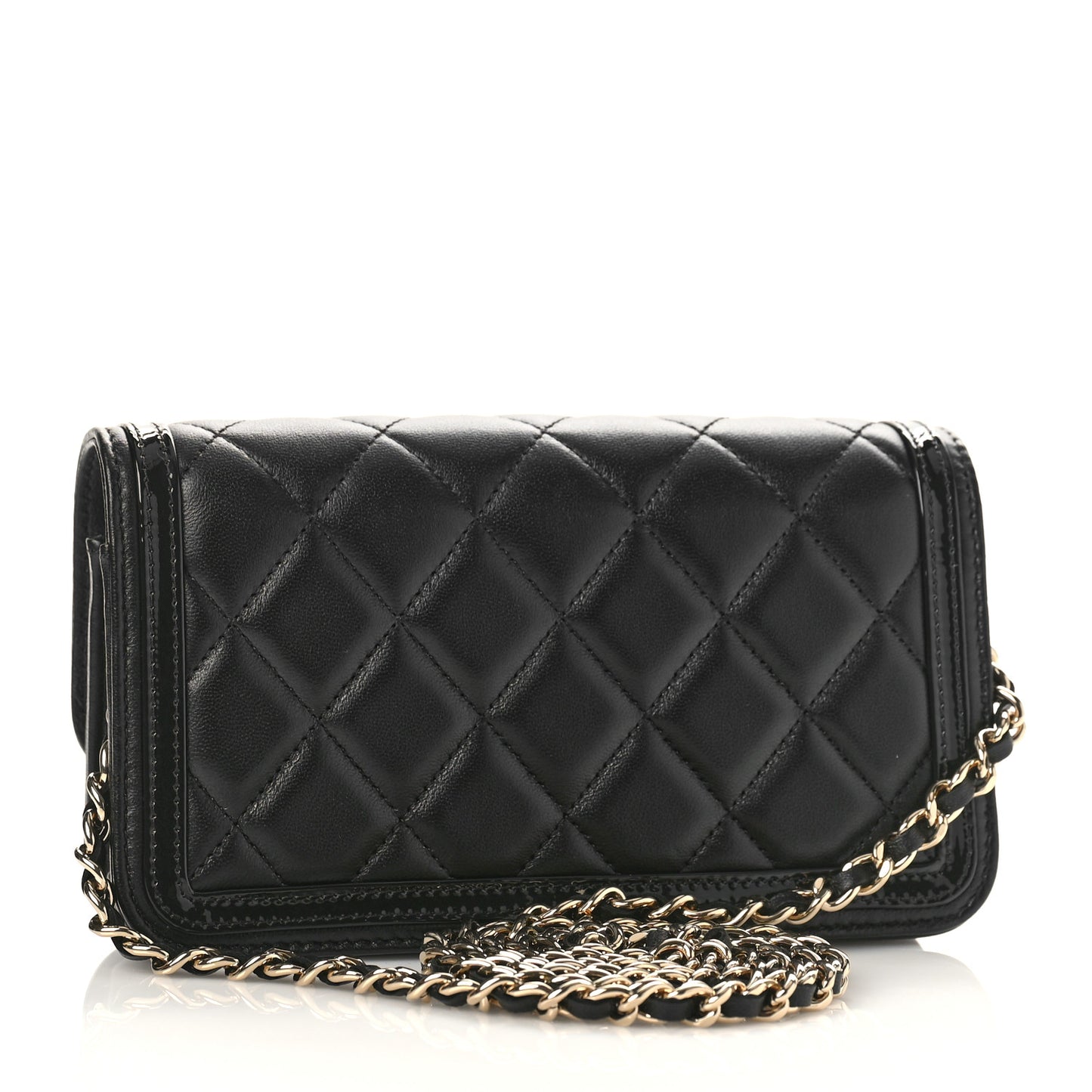 Lambskin Patent Quilted Phone Holder Wallet With Chain Black