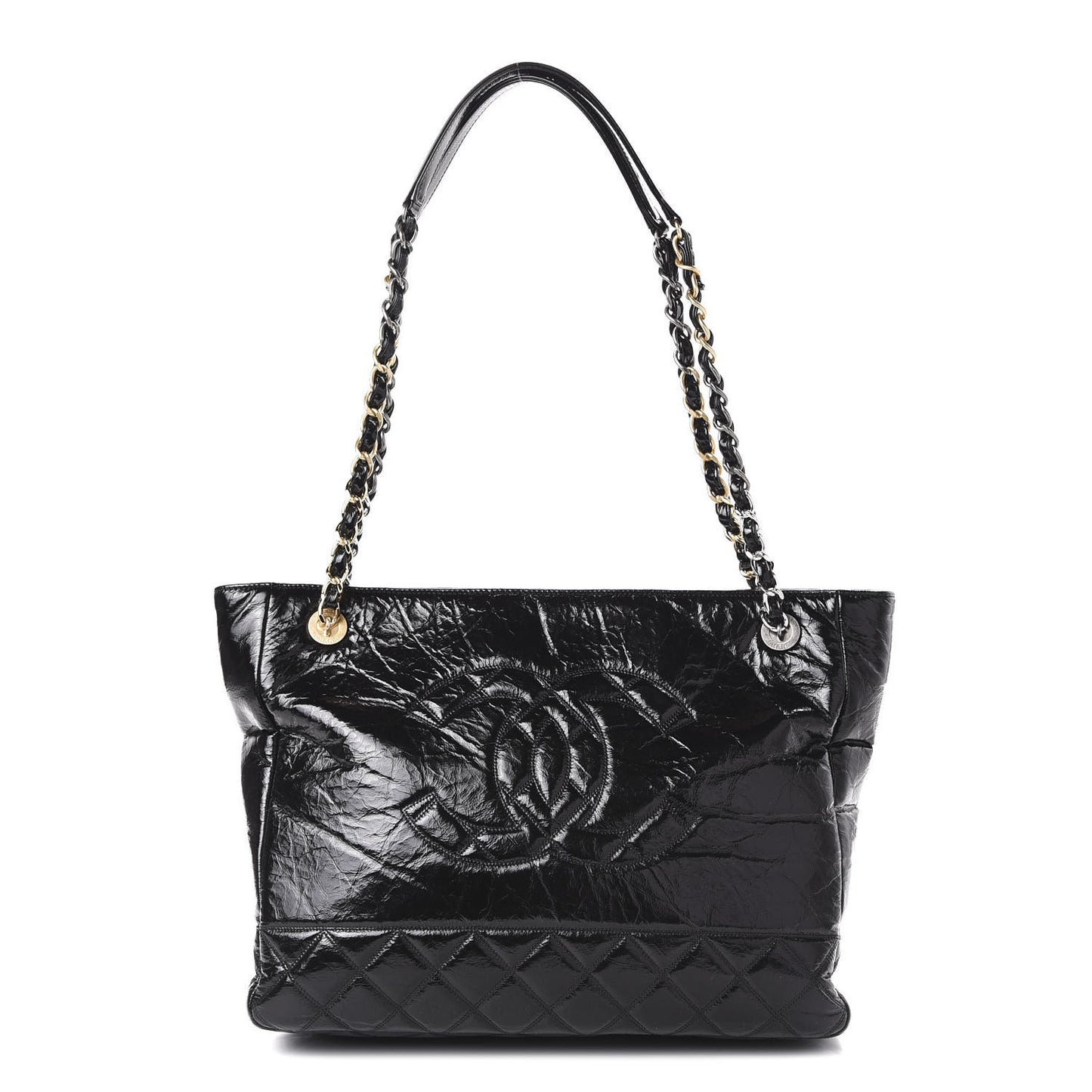Shiny Aged Calfskin Quilted Small Shopping Bag Black