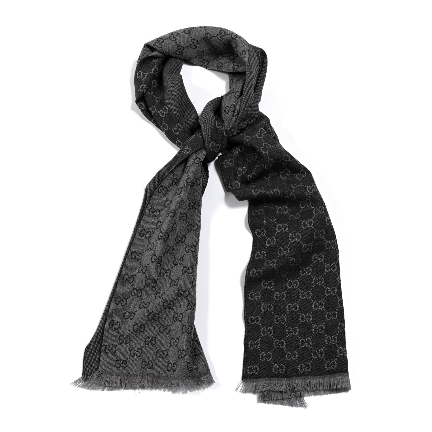 Gucci Wool GG Monogram HalfGG Fringe Scarf Anthracite Black 1 of 3