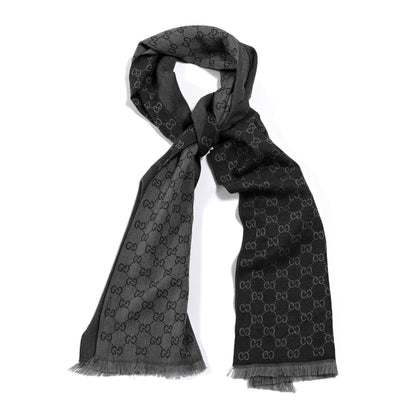 Gucci Wool GG Monogram HalfGG Fringe Scarf Anthracite Black 1 of 3