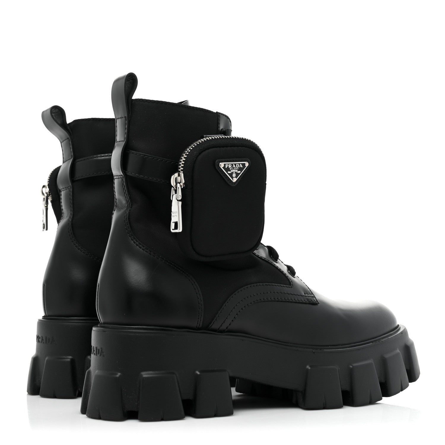Prada Spazzolato Rois Re-Nylon Metal Triangle Logo Monolith Pouch Pocket 55mm Boots 40.5 Black 5 of 13