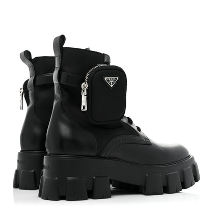Prada Spazzolato Rois Re-Nylon Metal Triangle Logo Monolith Pouch Pocket 55mm Boots 40.5 Black 5 of 13